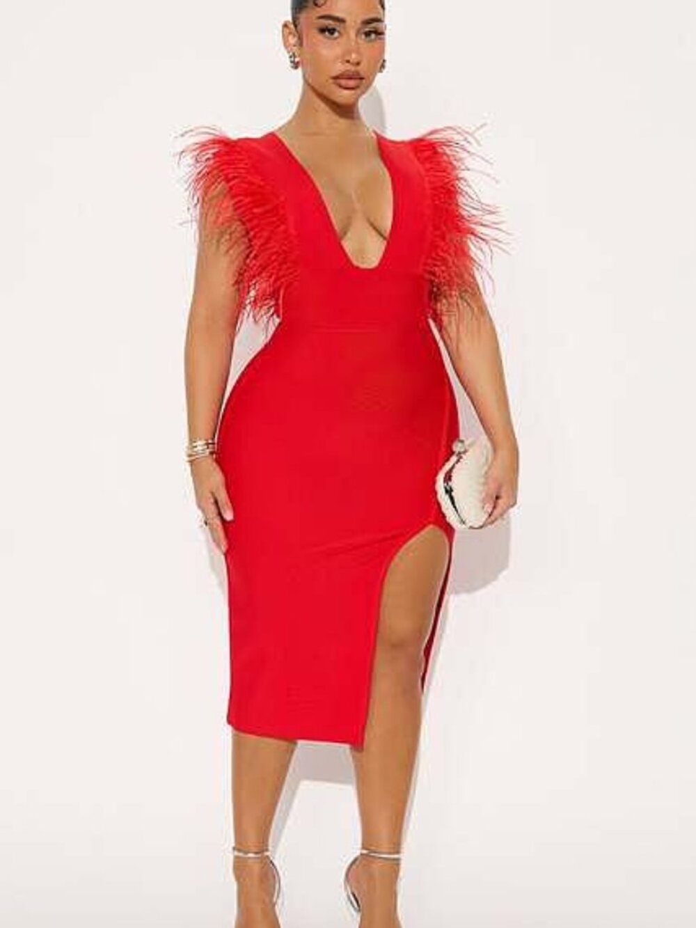 Fashion Nova Red Feather Trim Bandage Midi Dress Size Large